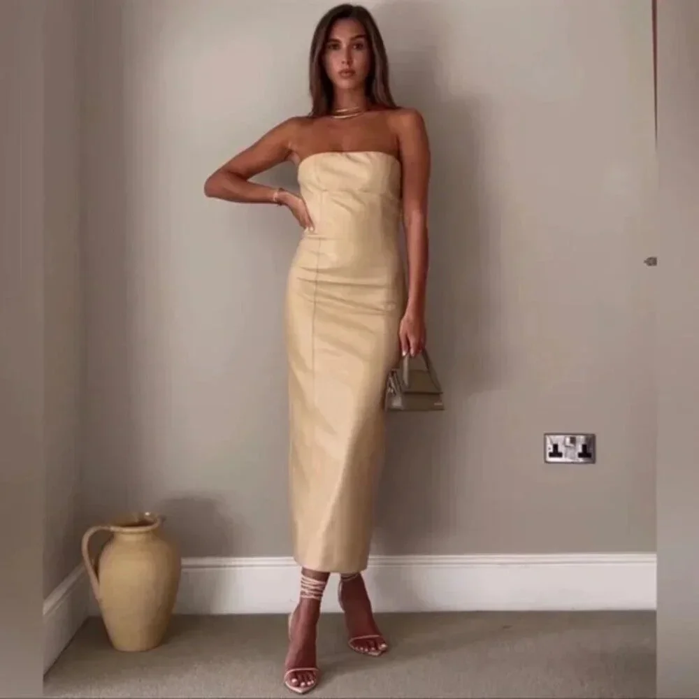 Zara Faux Leather Strapless Midi Dress Beige Blogger  Fav Size Small - Picture 2 of 15